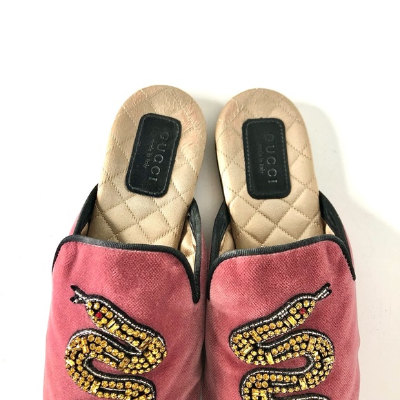 Gucci Pink Velvet Water Snake Crystals Embellished Slip On Mules Flats Slides 37 - Picture 5 of 12